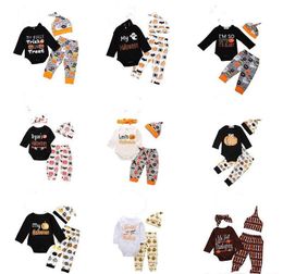 Kids Clothes Baby Halloween Clothing Set Baby Rompers Pants Cap Headbands Suits Infant Letter Pumpkin Rainbow Print Romper Outfit EZYQ486