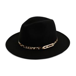 Fashion-Hat Fedoras Wool Felt Wide Brim Jazz Fedora Hats for Women Trilby Derby Gambler Hat with Leopard Print Leather Buckle