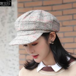 Winter Beret Hats Women Wool Vintage Plaid Beret Hat Girls Thicken Cake Cap Buds Hat Winter Wool Octagonal cap Women