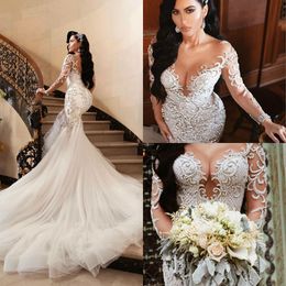 Arabic Luxurious Sexy Mermaid Beading Embroidery Bridal Dresses Sheer Neck Long Sleeves Wedding Gowns Vestido De Novia