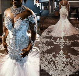 Luxury Plus Size African Mermaid Wedding Dresses Jewel Neck Illusion Long Sleeves Beaded Crystals Lace Appliques Cathedral Train Bridal Gown