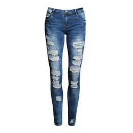 New Blue Jeans Pancil Pants Women High Waist Slim Hole Ripped Denim Jeans Casual Stretch Trousers Jeans Pants for Women251B