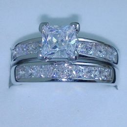 Wholesale-Size 5/6/7/8/9/10 Jewellery 10kt white gold filled Topaz Princess cut simulated Diamond Wedding Ring set gift with box