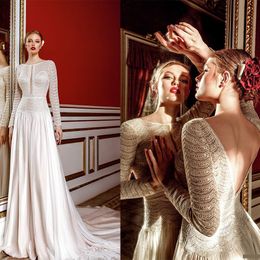 Elegant A-line Wedding Dresses Jewel Long Sleeve Backless Lace Appliqued Bridal Dress Chiffon Sweep Train Beach Robes De Mariée Cheap