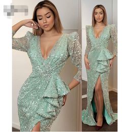 Sexy glaring Beaded Lace Mermaid Evening Dresses v neck 2020 High Side Split Prom Gowns 3/4 sleeves Long Formal Dresses High Collar