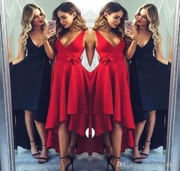 2019 Simple Design Prom Dress Sexy A Line V Neck High Low Sleeveless Formal Homecoming Holidays Evening Party Gown Custom Made Plus Size