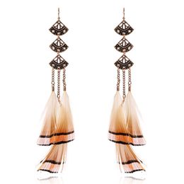 Bohemian Vintage Bronze Carved Drop Earring Feather Tassel Yellow Feather Party Earrings For Women Fashion Jewellery