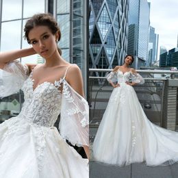 floral aline bridal dresses spaghetti strap 3dfloral appliqued beaded wedding gown ruffle custom made court train robes de marie