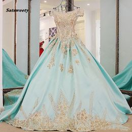 Baby Blue Saudi Arabic Formal Dress To Prom Appliques Bow Vintage Beaded Evening Dresses Boat Neck Lace Up Puffy Ball Gowns