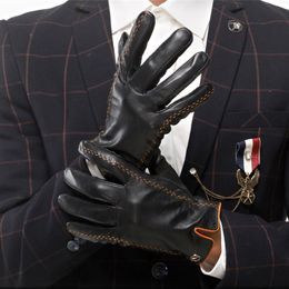 Fashion-Genuine Leather Gloves Men Gloves Autumn Plus Velvet Warm Black Nappa Sheepskin Male Mittens Free Shipping