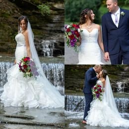 Stunning 2k19 Organza Lace Mermaid Wedding Dresses With Beads Sash Ruffles Arabic Plus Size Bride Dress robe de mariée Country Bridal Gown