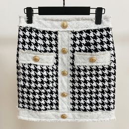 New Arrive Top Quality Personality Style Original Design Women's Classic Houndstooth Skirt Metal Buckles Tweed Raw edge Skirts Career Skirt