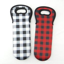 Hot Christmas Red Cheque Wine Holder Wholesale Blanks Neoprene Buffalo Plaid Cooler Covers Wedding Gift Wraps free shipping