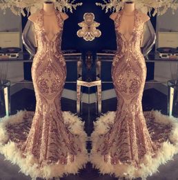 Gold Feather Mermaid Prom Dresses 2020 Halter Neck Sequins Lace Top Long Evening Gowns Formal Party Celebrity Gowns