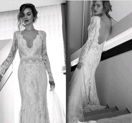 Lihi Hod Bohemian Beach Wedding Dresses Full Lace Long Sleeves Sexy V Neck Sweep Train Bridal Gowns Custom Made Open Back 2018 wedding dress