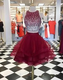 Short Burgundy Prom Dress 2019 Two Pieces Cheap Jewel Neck Bling Beaded Bodice Ruffles Skirts Organza Homecoming Party Dresses Gowns Formal