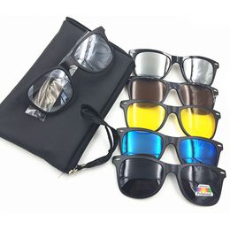 New 5 in 1 Men Polarised Magnetic Sunglasses Clip TR90 Retro Frame Eyewear Night Vision Driving Optical Glasses With Bag H3