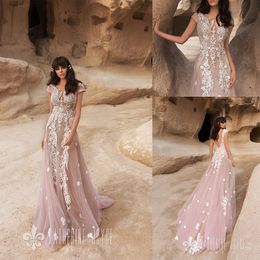 Katherine Joyce Pink A Line Wedding Dresses Jewel Neck Short Sleeve Appliques Tulle Wedding Dress Sweep Train Boho Bridal Gowns