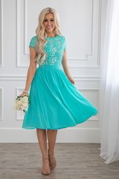 2019 New Turquoise Lace Chiffon Short Modest Bridesmaid Dresses With Short Sleeves Knee Length A-line Country Modest Maids of Honor Dress