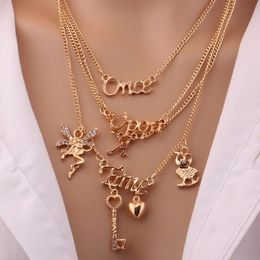 Hot Fashion Jewellery Women's Multi-layer Short Style Necklace Once Upon A Time Key Angle Owl Letters Pendants Necklace S367