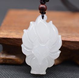 XinJiang White Jade Fox Pendant Necklace Drop Shipping Jade Stone Nine-tailed Fox Lucky Amulet Necklace With Chain For Men Women