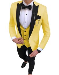 Fashion Yellow Groom Tuxedos Black Peak Lapel Slim Fit Groomsman Wedding Tuxedos Men Prom Jacket Blazer 3 Piece Suit(Jacket+Pants+Tie+Vest)2