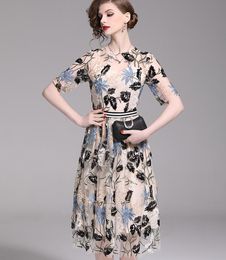 Crew neck black leaf blue flora Embroidered floral gauze 1/2 sleeve Summer beige Aline dress casual dresses Knee-length