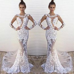 Mermaid New Sexy Wedding Dresses Jewel Neck Lace Appliques Tulle Illusion Long Sleeves See Trough Sheer Formal Plus Size Bridal Gowns