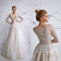 Modern V Neck Wedding Dress Illusion Bodice Long Sleeve Applique Plus Size Wedding Dresses Bridal Gowns
