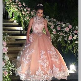 Fancy Ball Gown Prom Dresses 2019 Floor Length High Neck Off The Shoulder Pink Lace Beaded Long Arabic Women Party Evening Gowns