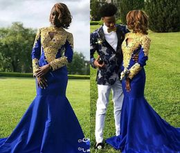 2018 Royal Blue Mermaid Prom Dresses With Gold Applique Satin Sweep Train Long Sleeve Formal Dress Party Evening Wear Fat Evening Gowns