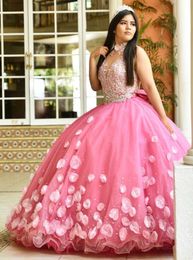 Blush Pink Lace Beaded Quinceanera Prom Dresses Hand Made Flowers Tulle Evening Party Sweet 16 Dress ZJ108