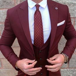 Groom Tuxedos Burgundy Prom Wedding Men Suit Slim Fit Wedding Wear Formal Suit For Men (Jacket+Pants+Vest)