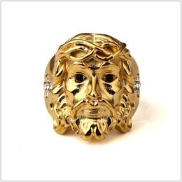 Men Stainless steel Ring Hip hop Style Vintage Gold Colour With Rhinestone Jesus Head Face Cross Rings Jewellery Size 6-14