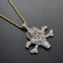 Wholesale-Hip Hop Cartoon Iced Out Corsair Skull Skeleton Pendant Cubic Zircon Ice Cream Pirate Necklace CN062