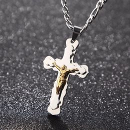 Gold Silver Tone Vintage Cross Stainless Steel Crucifix Jesus Pendant & Necklace Figaro Link chain Men Chain Christian Jewellery Gifts