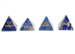 1pcs Natural Chakra Lapis Lazuli Amethyst Rose Quartz Carved Crystal Healing Pyramid Engraved Reiki 4 Elemental Symbols