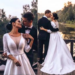 2020 Simple Satin Dresses 3/4 Long Sleeves Plunging Illusion Scoop Neck Beaded Crystal Waist Wedding Gowns Vestido De Novia 401 401