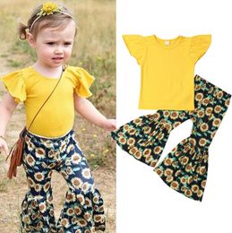 Kids Girls Outfits Flying Sleeve Girl Tops Flower Pants 2pcs Sets Fashion Children Clothes Set Boutique Kids Clothing Wholesale DHW3592