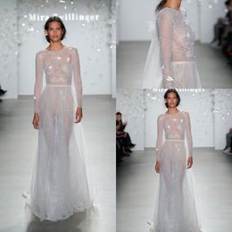 Newest Mira Zwillinger A Line Wedding Dresses Jewel Neck Long Sleeve Sash Pearls Wedding Gown Sweep Train robe de mariée