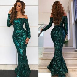 Mermaid Hunter Green Prom Dresses Off the Shoulder Long Sleeve Evening Gowns Beaded Sequins Lace Vestidos De Fiesta Formal Party Dress