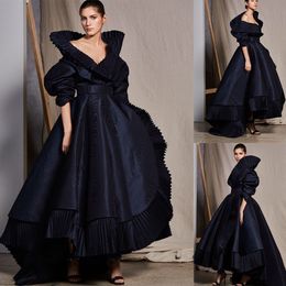 Black Ashi Studio Ball Gown Prom V Neck Short Sleeve Satin Ruched Tiers Party Dress Sweep Train Robes De Soire