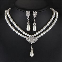 New Wedding Bride Simulated Pearl Jewellery Set Fashion Double Layger Chain Crystal Water Drop Pendant Necklaces Drop Earring