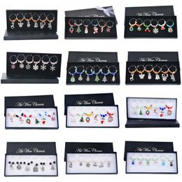 Hoomall 6PCs/Box Mixed Wine Charms Enamel Pendant Christmas Table Decorations Snowman Reindeer Snowflake Crystal Wine Marker