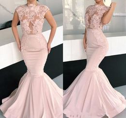 Pink Long Evening Dresses 2019 Cheap Mermaid High Neck Appliques Sleeveless Holiday Wear Formal Party Prom Gowns Plus Size