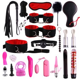 23 Pcs Sex Toys For Woman Adult Games Handcuffs Whip Mouth Gag Rope Metal Butt Plug Bdsm Bondage Set Bead Anal Plug Vibrator SH190730