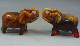 9.5 cm */China's rare amber peace lifelike carving a pair of the elephant statue