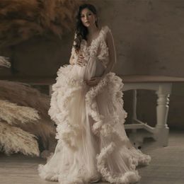 Custom V Neck Pregnant Nightgowns Plus Size Ruffles Maxi Floor Long Bath Robe Gown Sleepwear Dresses Wedding Bath Robes