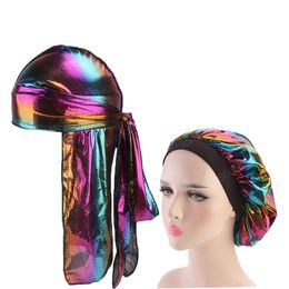 Fashion Men's Sparkly Silk Durag Bandana Headwear Colorful Wide Doo Rag Bonnet Polyester Cap Comfortable Sleeping Hat