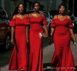 2019 Cheap Hot Sale African Red Bridesmaid Dress Mermaid Garden Formal Wedding Party Guest Maid of Honour Gown Plus Size Custom Made